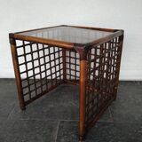 bamboo side table with smoked glass and leather bindings