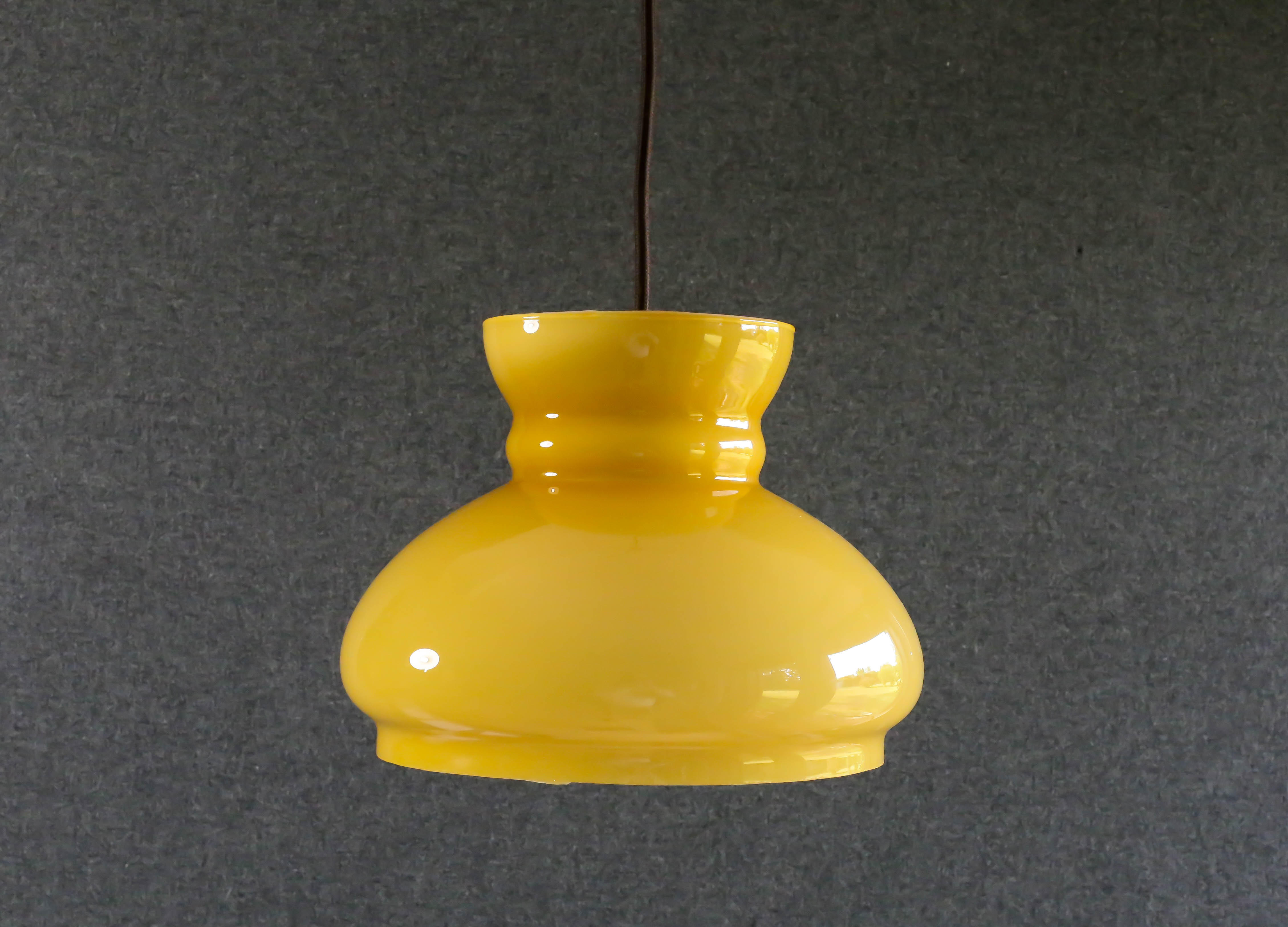 Old yellow glass suspension, mounted with new cable and new socket - circa 1950