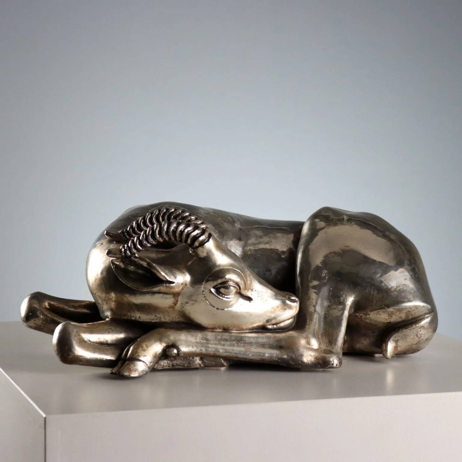 Ancient silver-plated antelope sculpture F.lli Raddi 20th Century