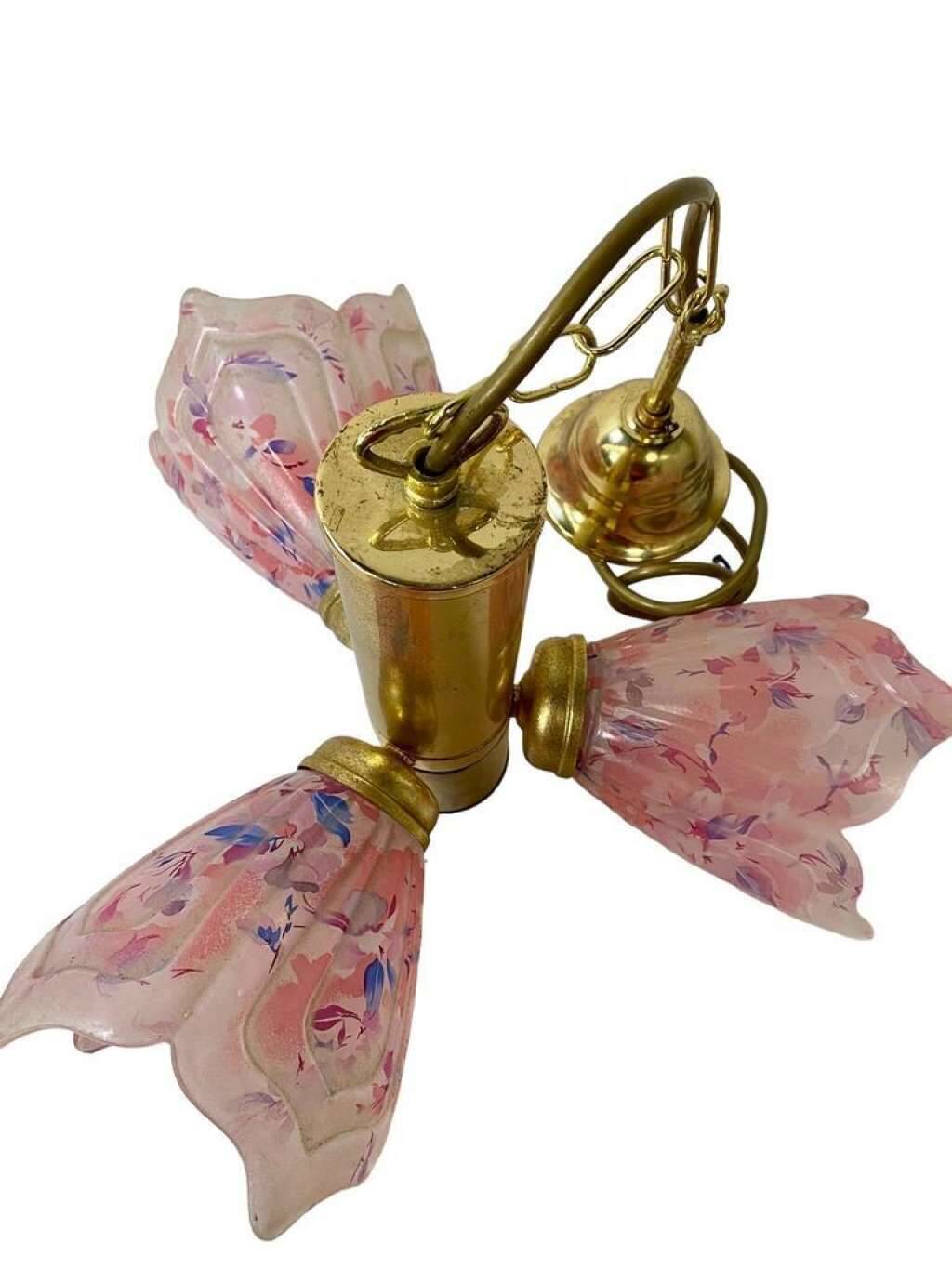 VINTAGE SPUTNIK BRASS CHANDELIER WITH PINK SHADES