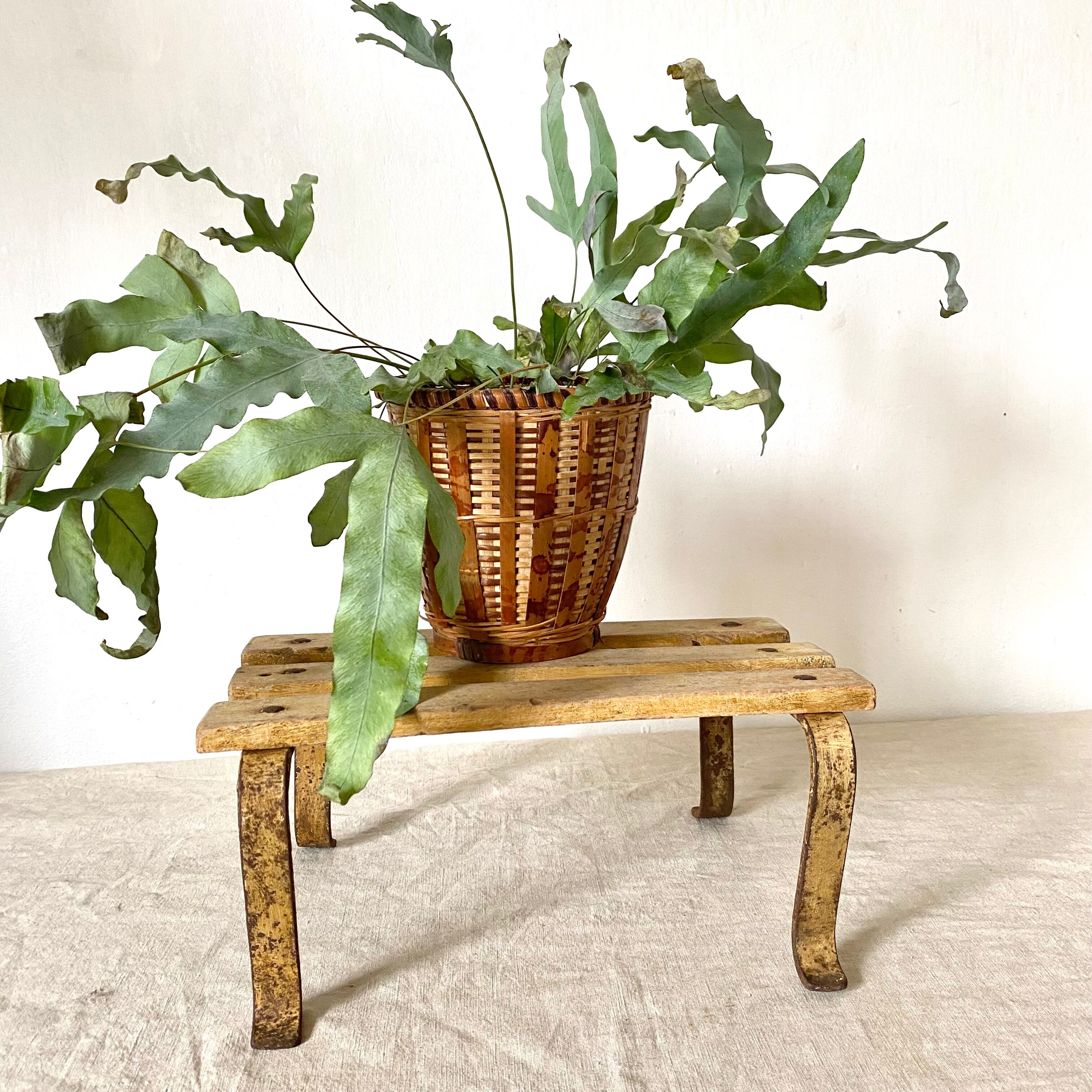 Low stool, wooden and metal plant holder