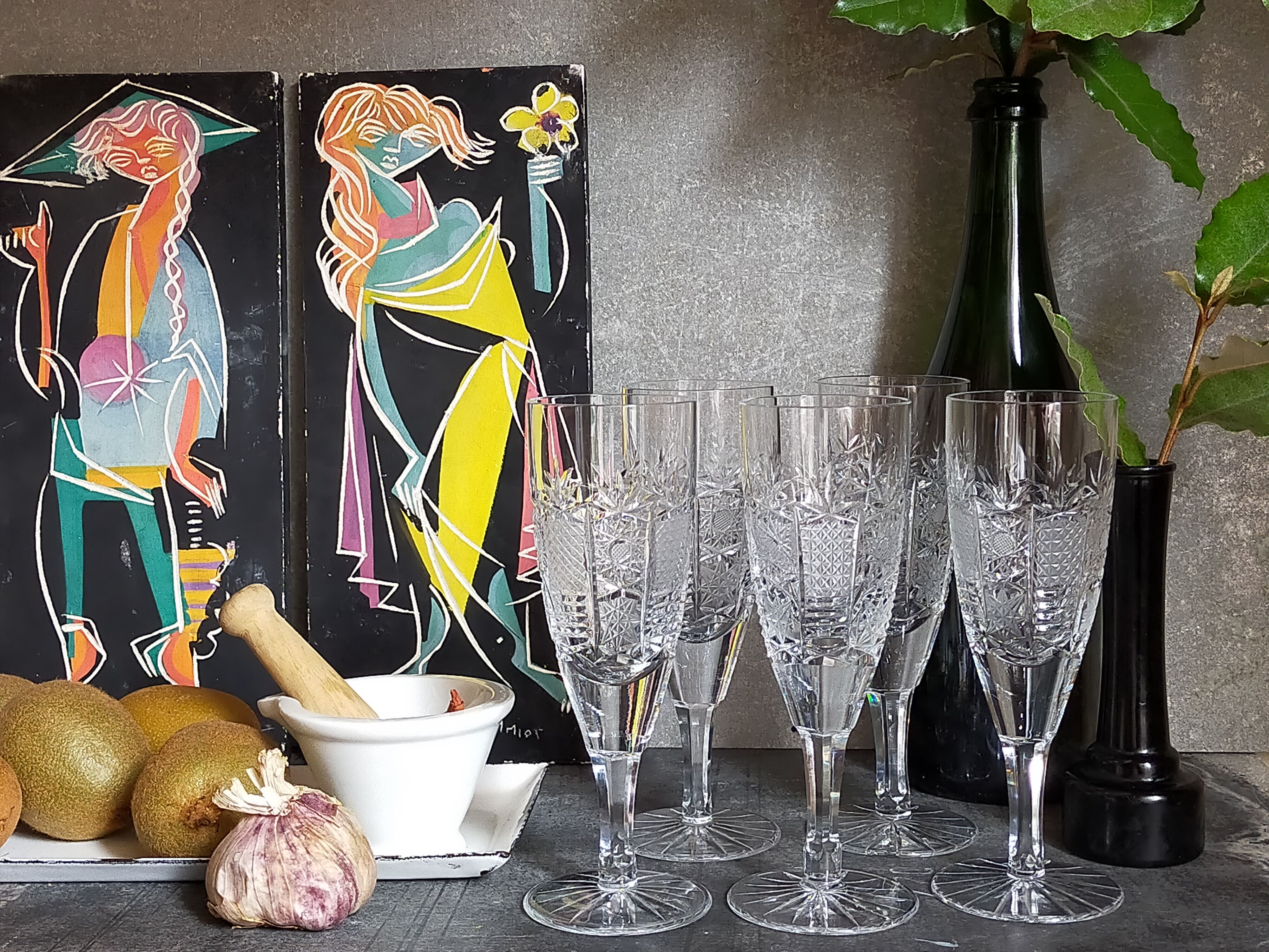 Five vintage cut crystal champagne flutes