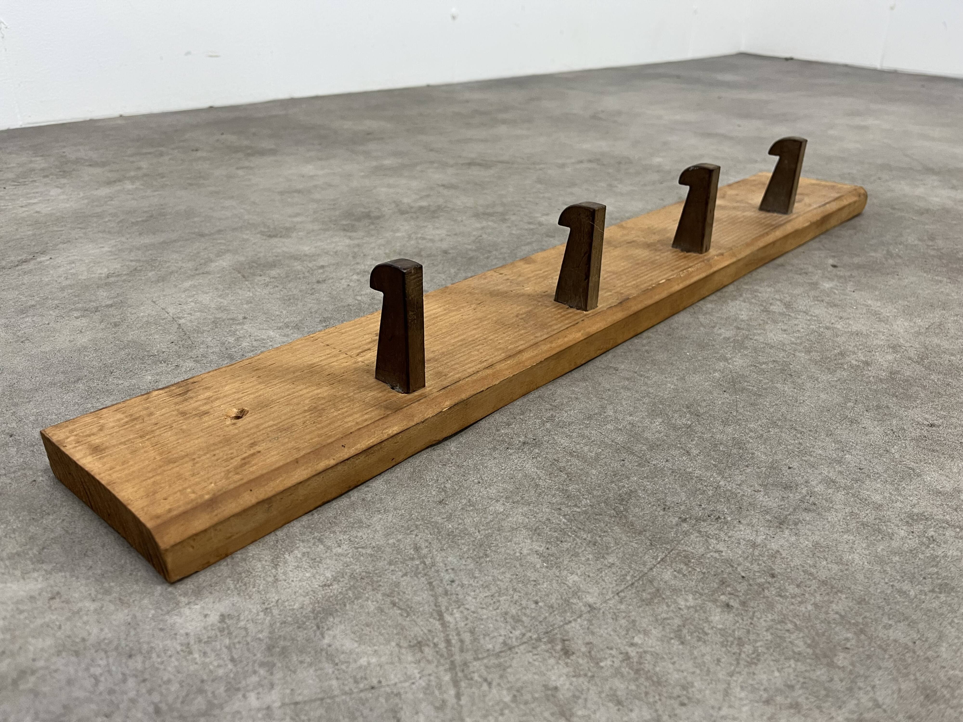 Brutalist pine chalet style wall coat rack, 4 hooks