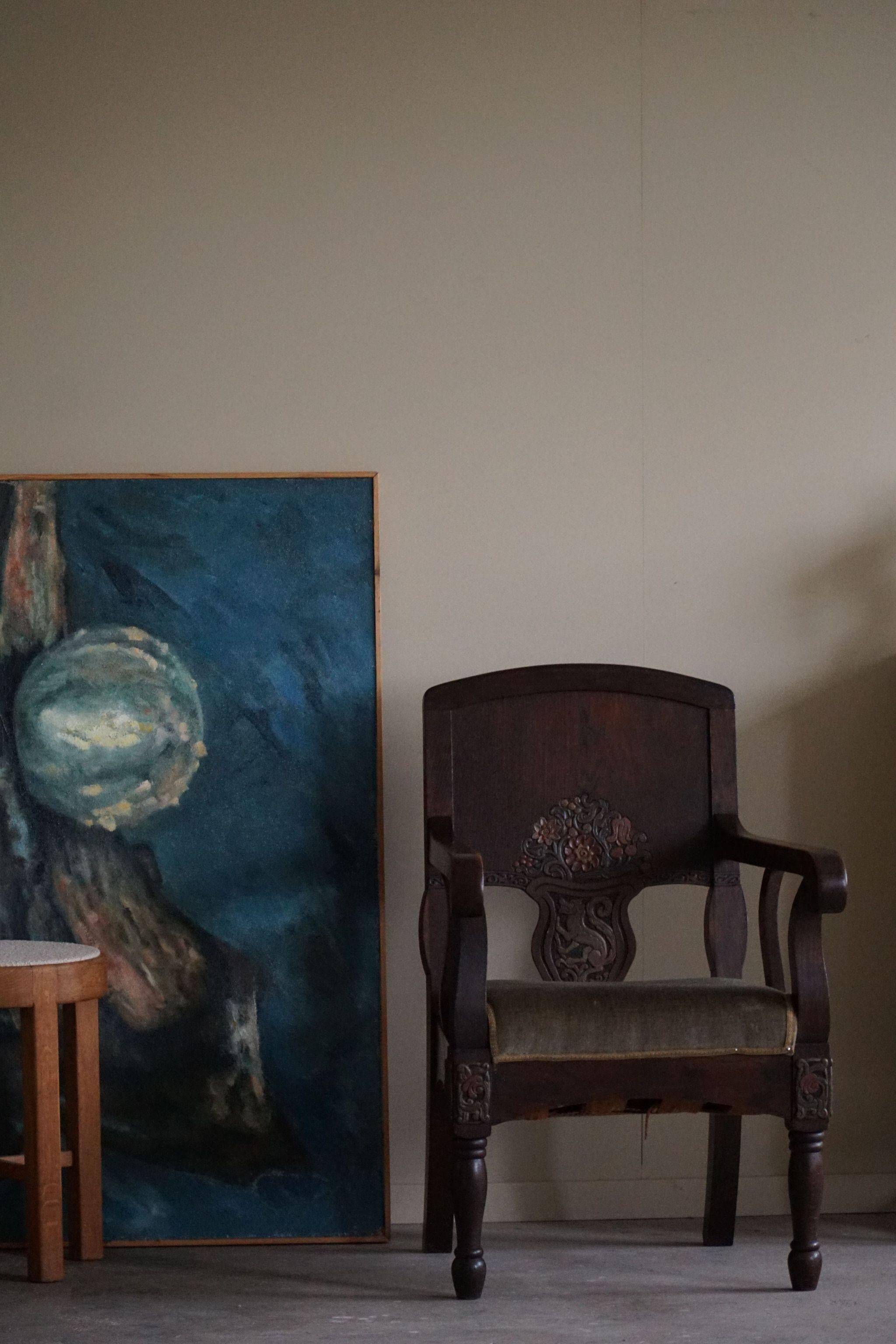 Hand-carved oak and velvet armchair, Danish furniture maker, Art Nouveau, 1939