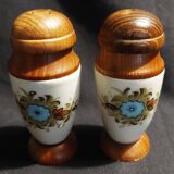 Pair of vintage ceramic and wood salt and pepper shakers