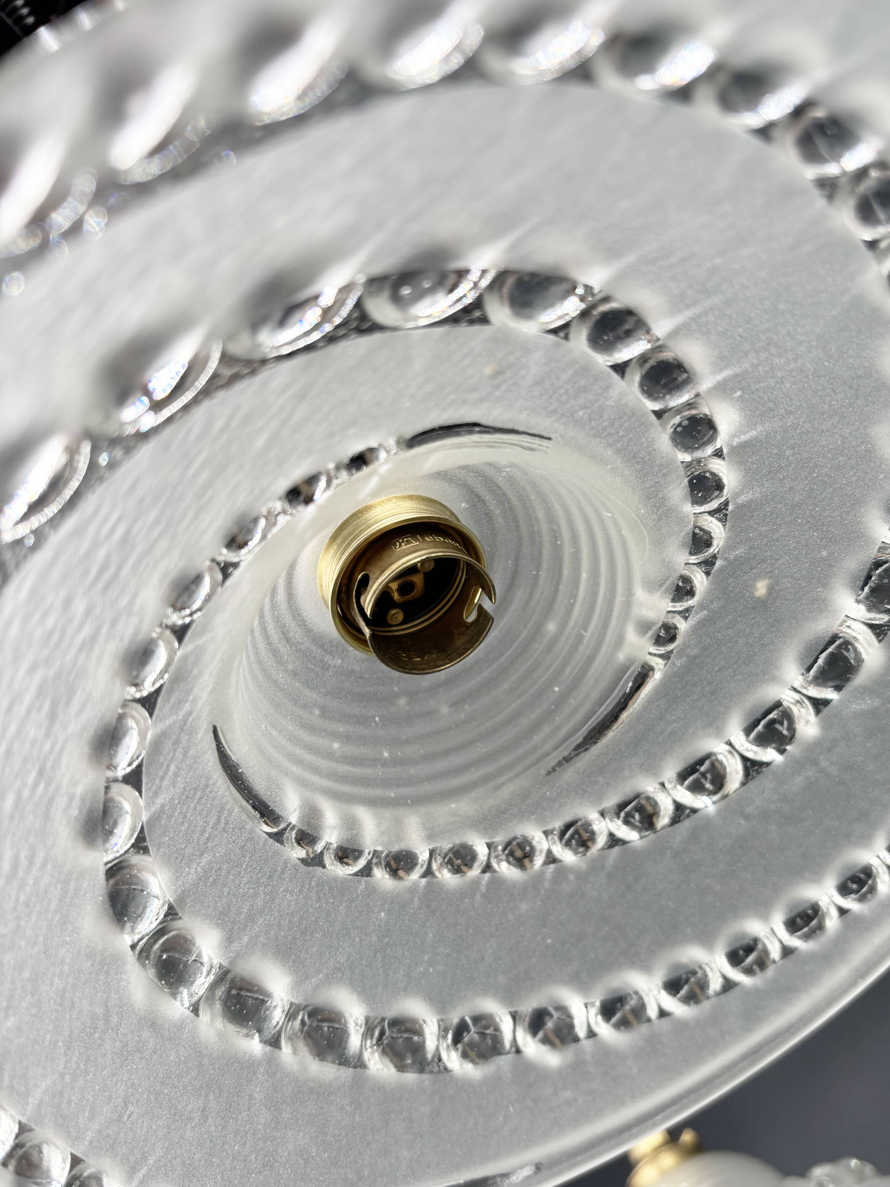 Set of 3 moulded glass pendant lights with cabochons, Art Deco style Ezan.