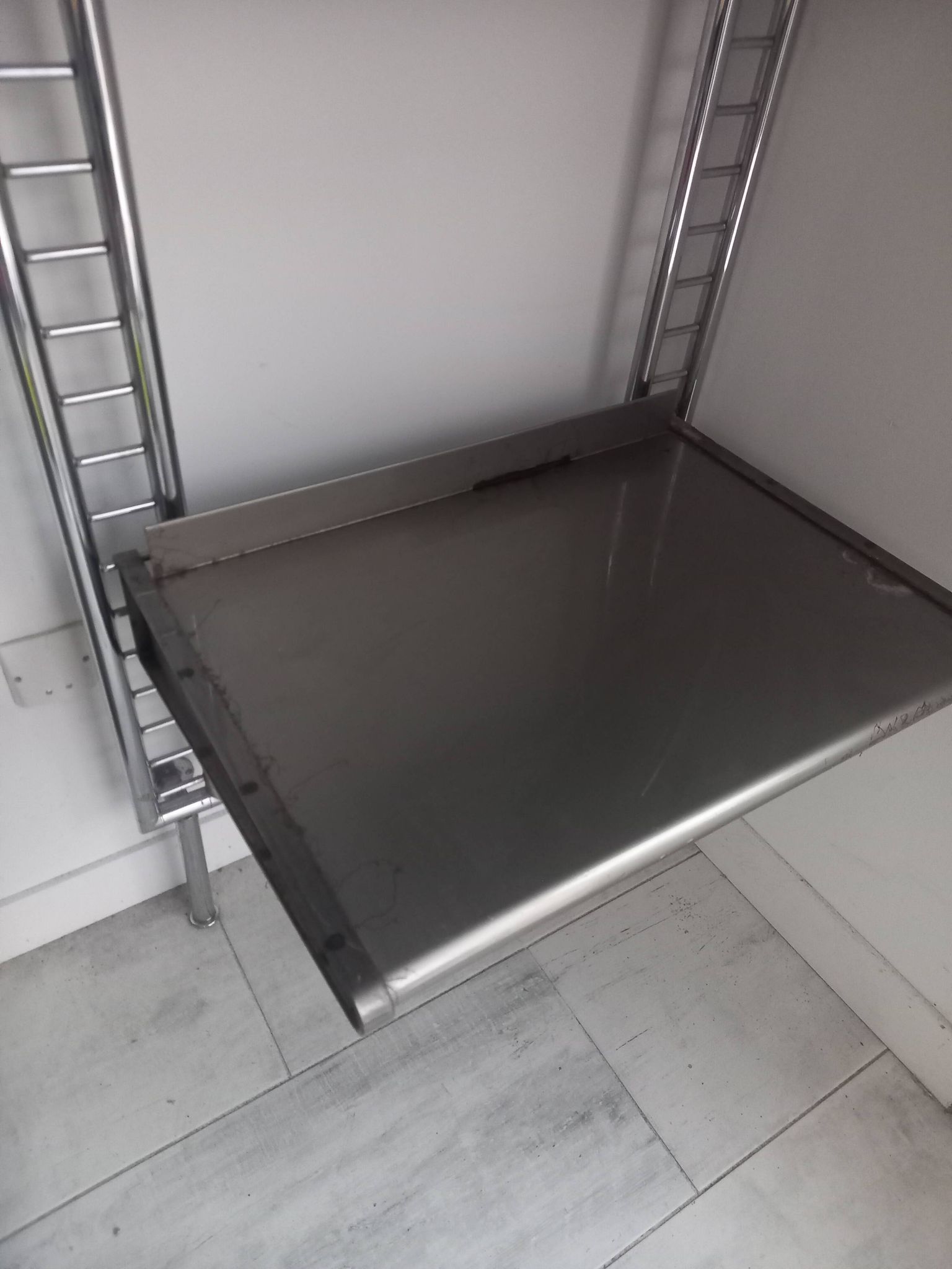 Large chrome wall shelf, aluminium and metal, 1970s industrial, 220cm.