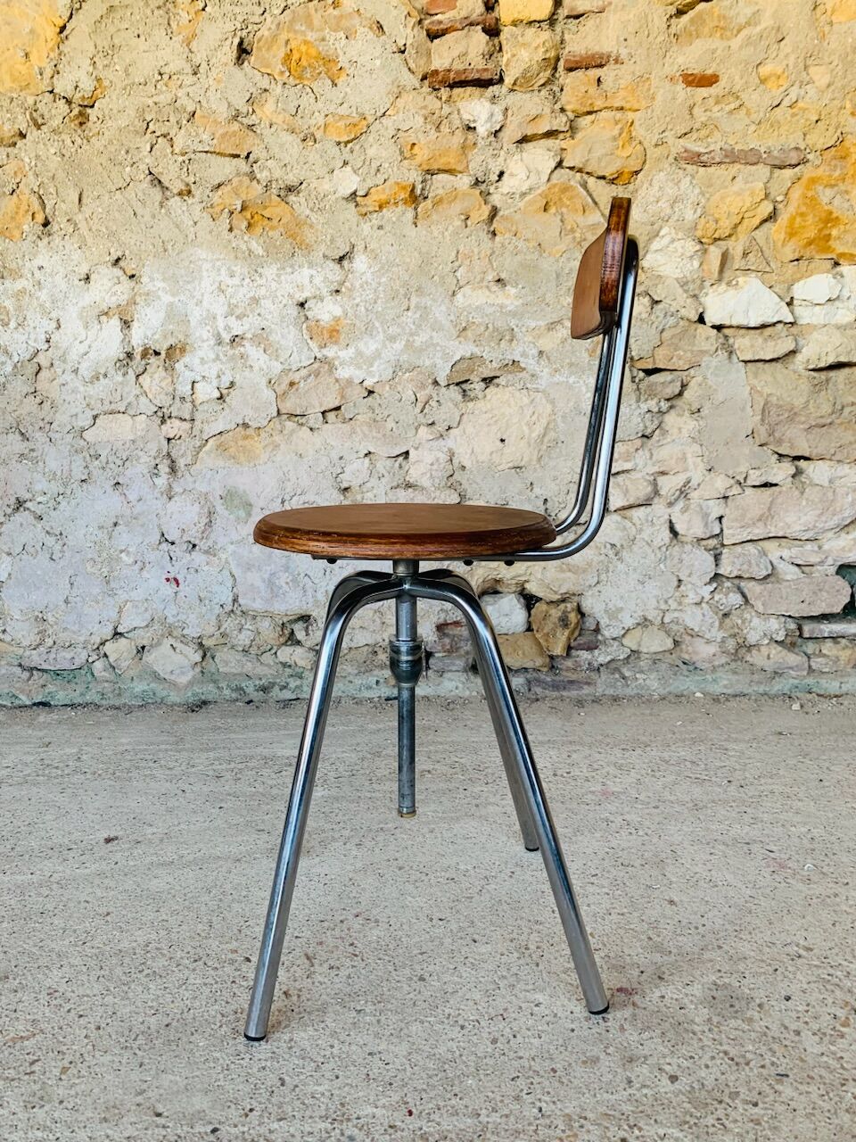 Vintage industrial metal and wood stool with adjustable swivel seat, 1960's
