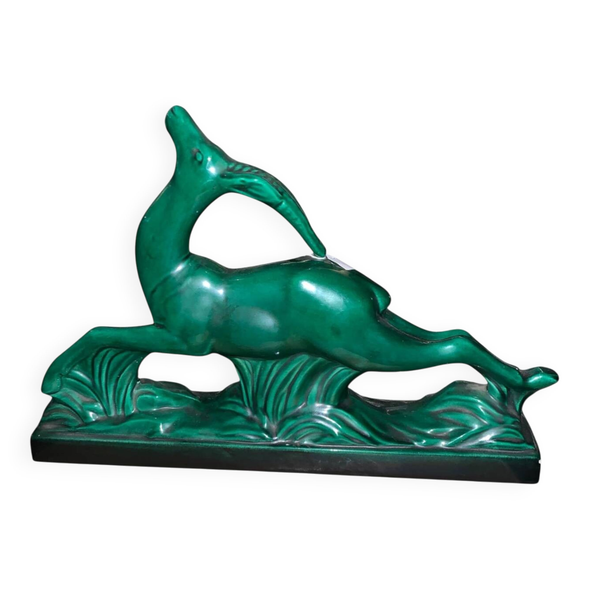 Art Deco Sculpture Gazelle in Faience - Saint-Clément - Emerald Green