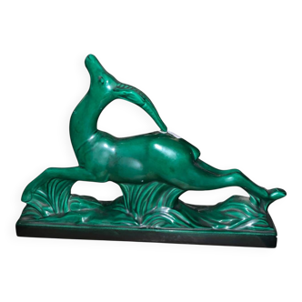 Art Deco Sculpture Gazelle in Faience - Saint-Clément - Emerald Green