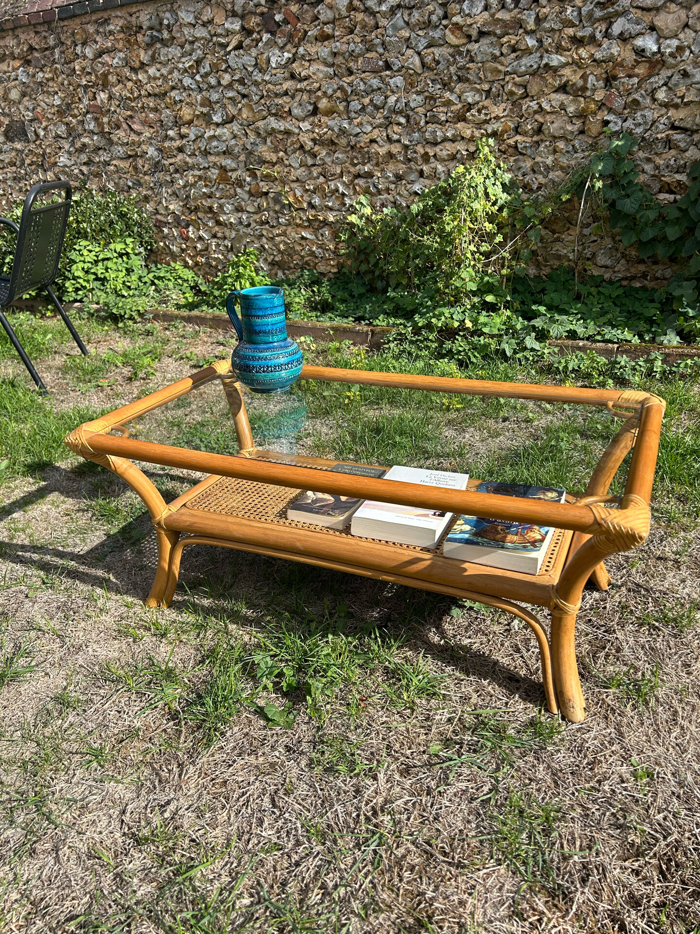 Light rattan coffee table with vintage 1970s caning.