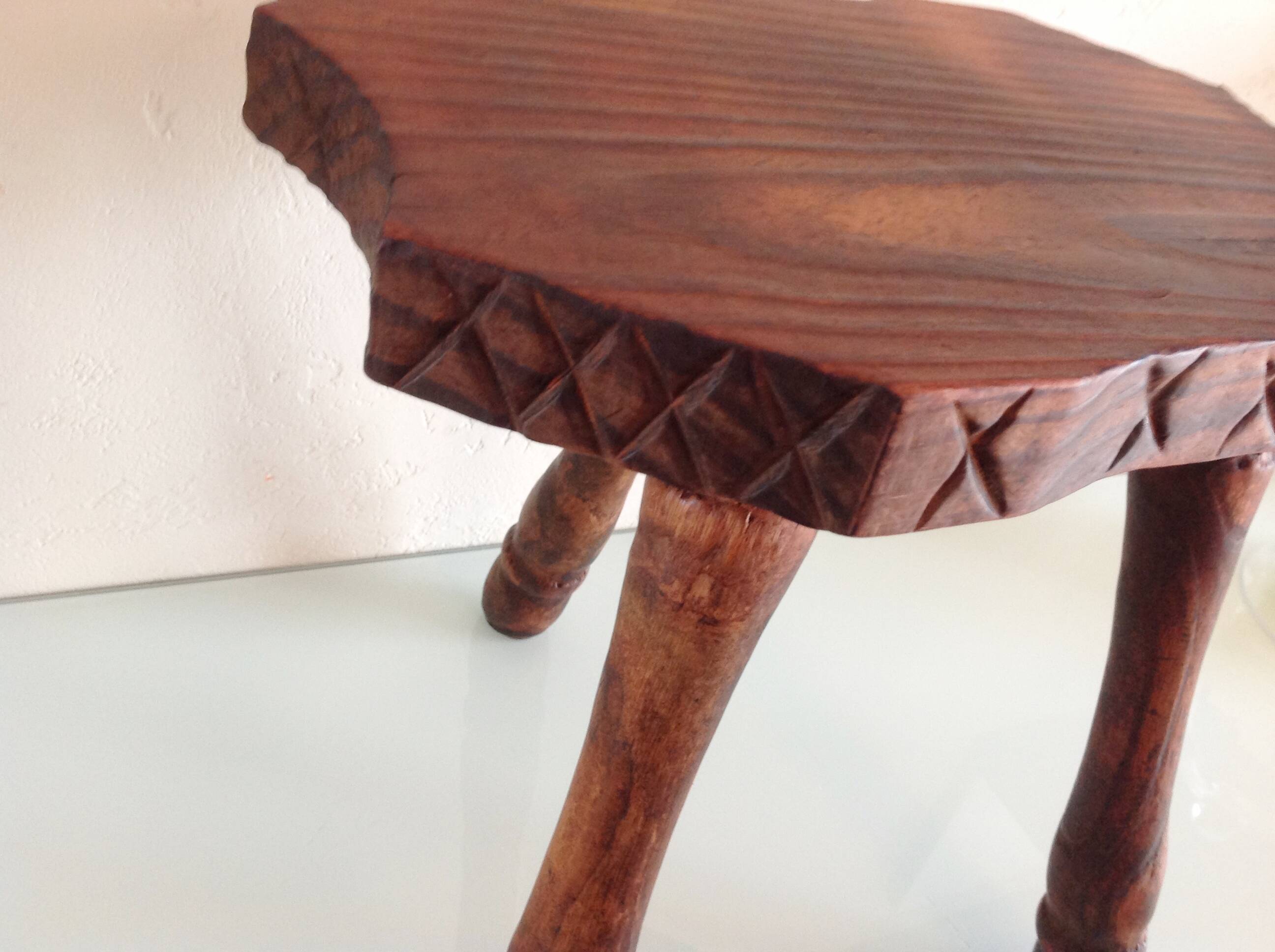 Vintage brutalist wooden tripod stool from the 60s and 70s