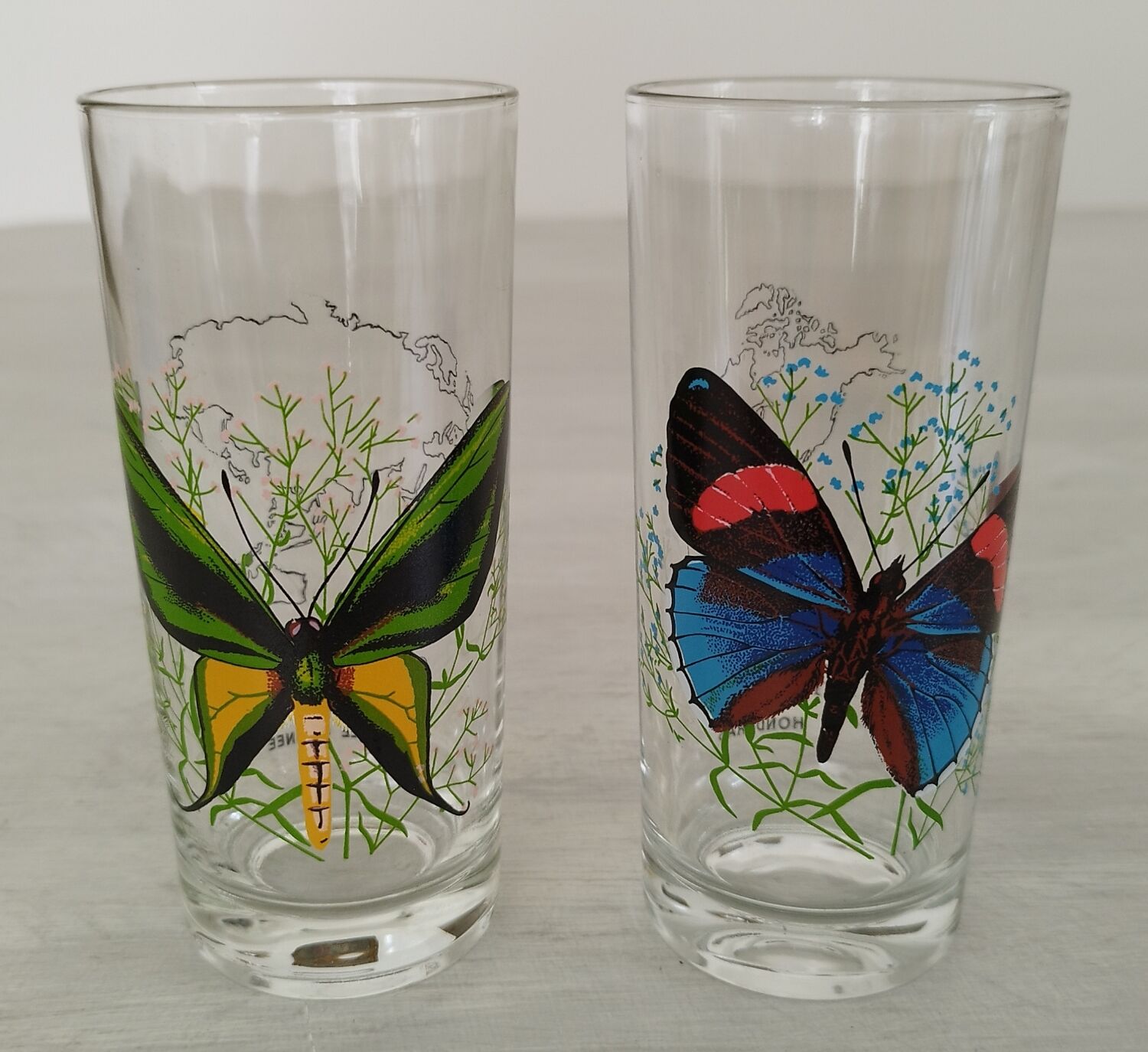 Verres à orangeade en verre décor papillon vintage