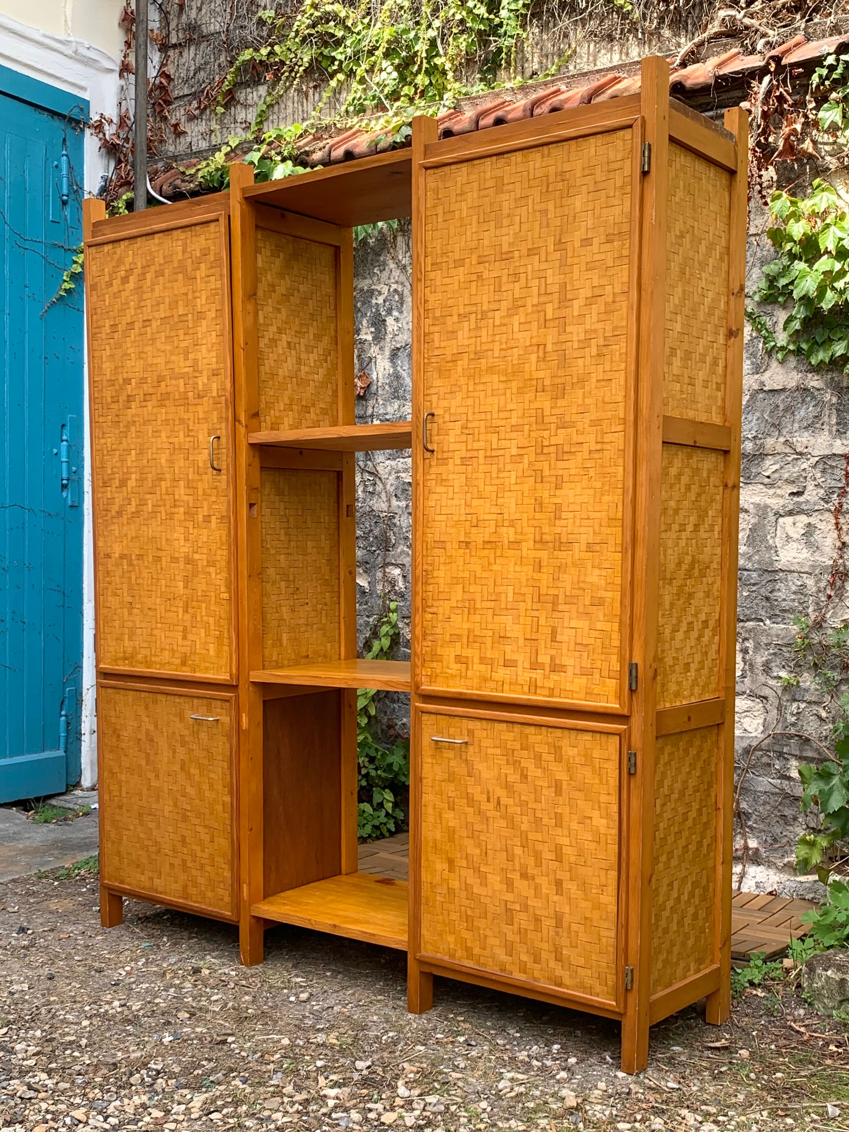 Bamboo cabinet woven and modular pine vintage 1960