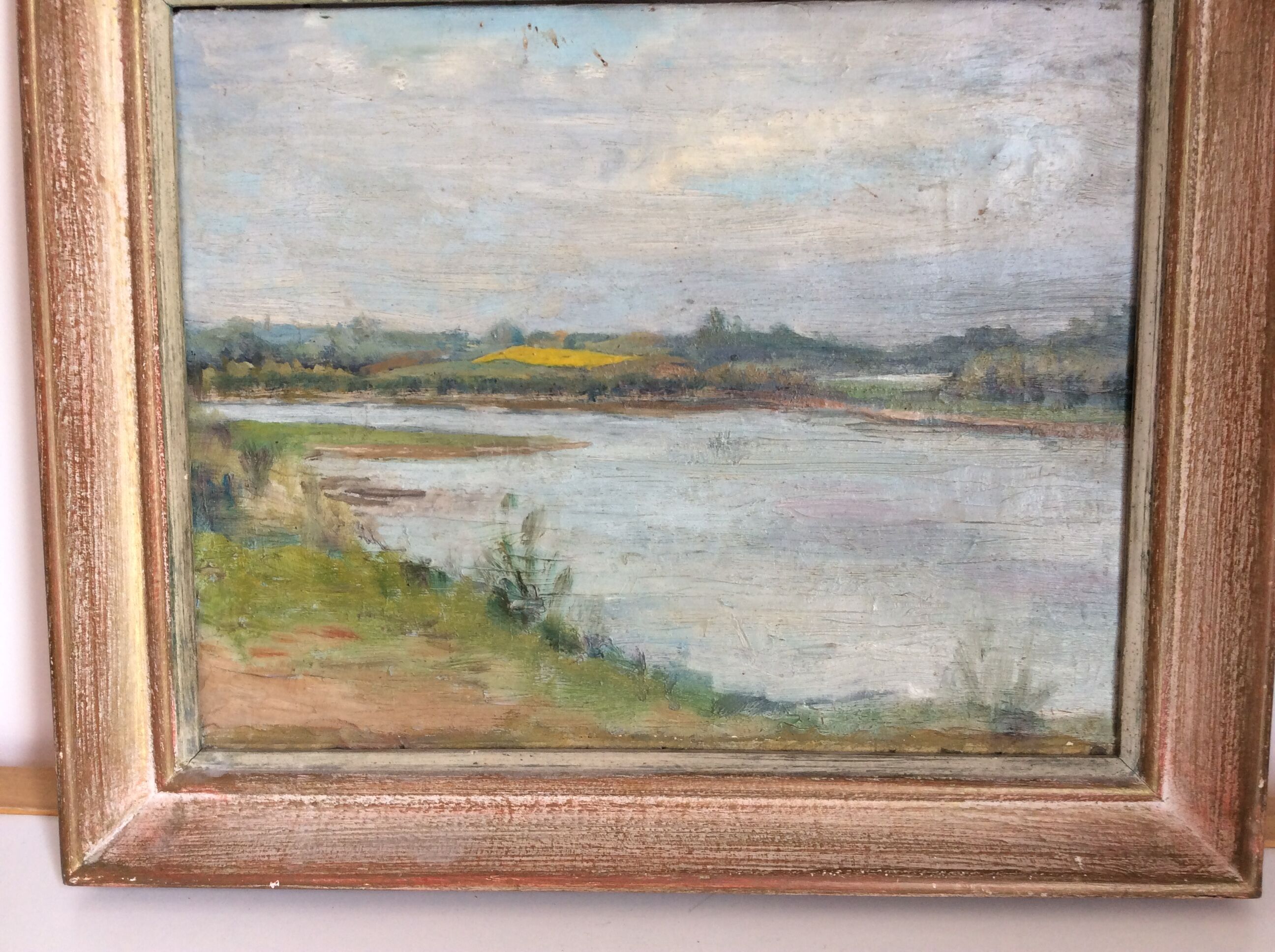 Old painting, riverside landscape