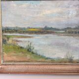 Old painting, riverside landscape