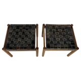 Mid-Century Modern Brown Leather and Wood Pair of Stools