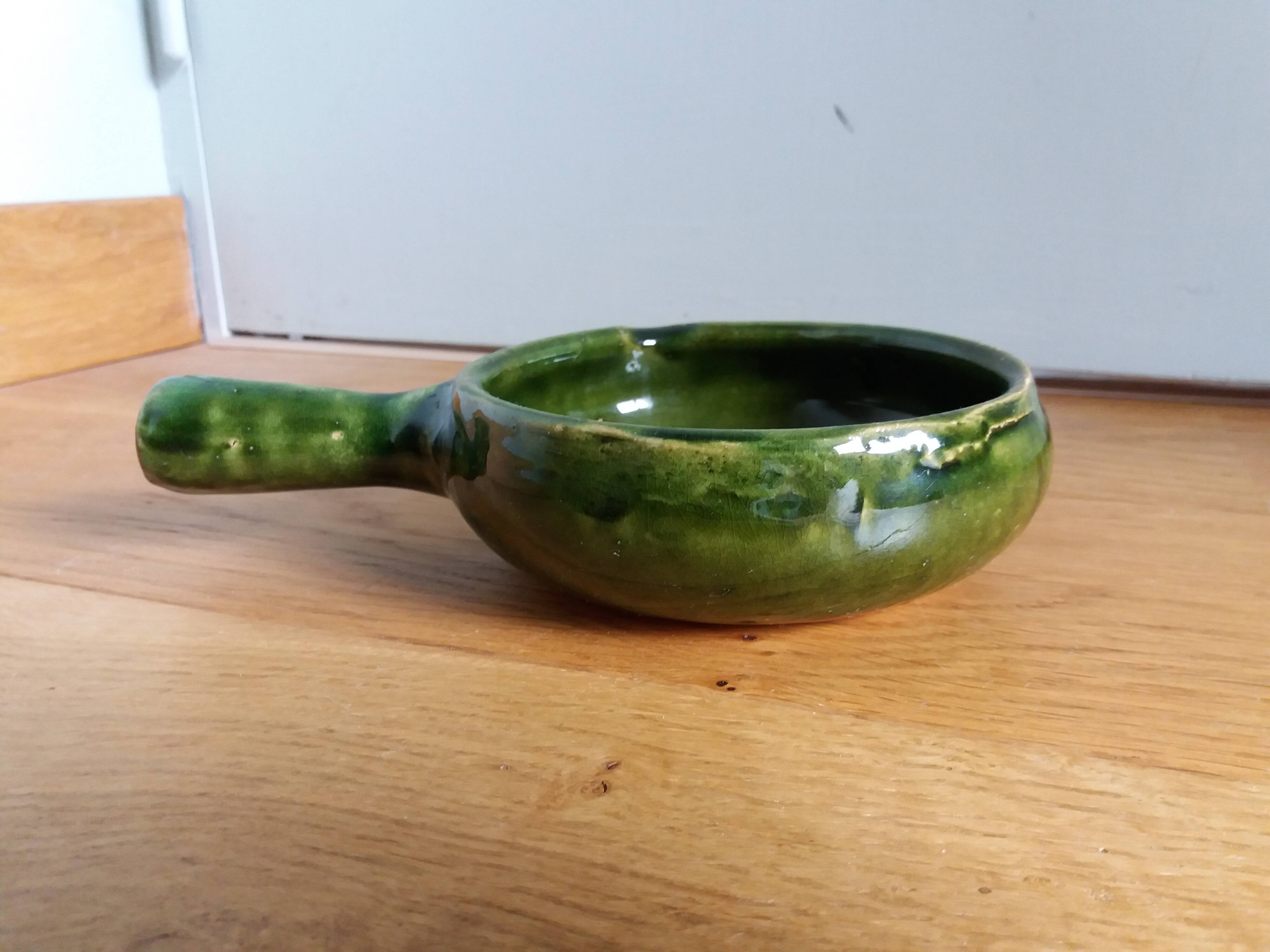 Olive green glazed terracotta fondue pot