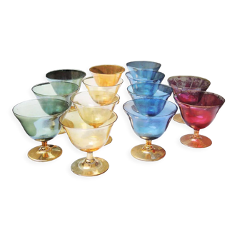 13 old digestive multicolored blown glass liquor glasses