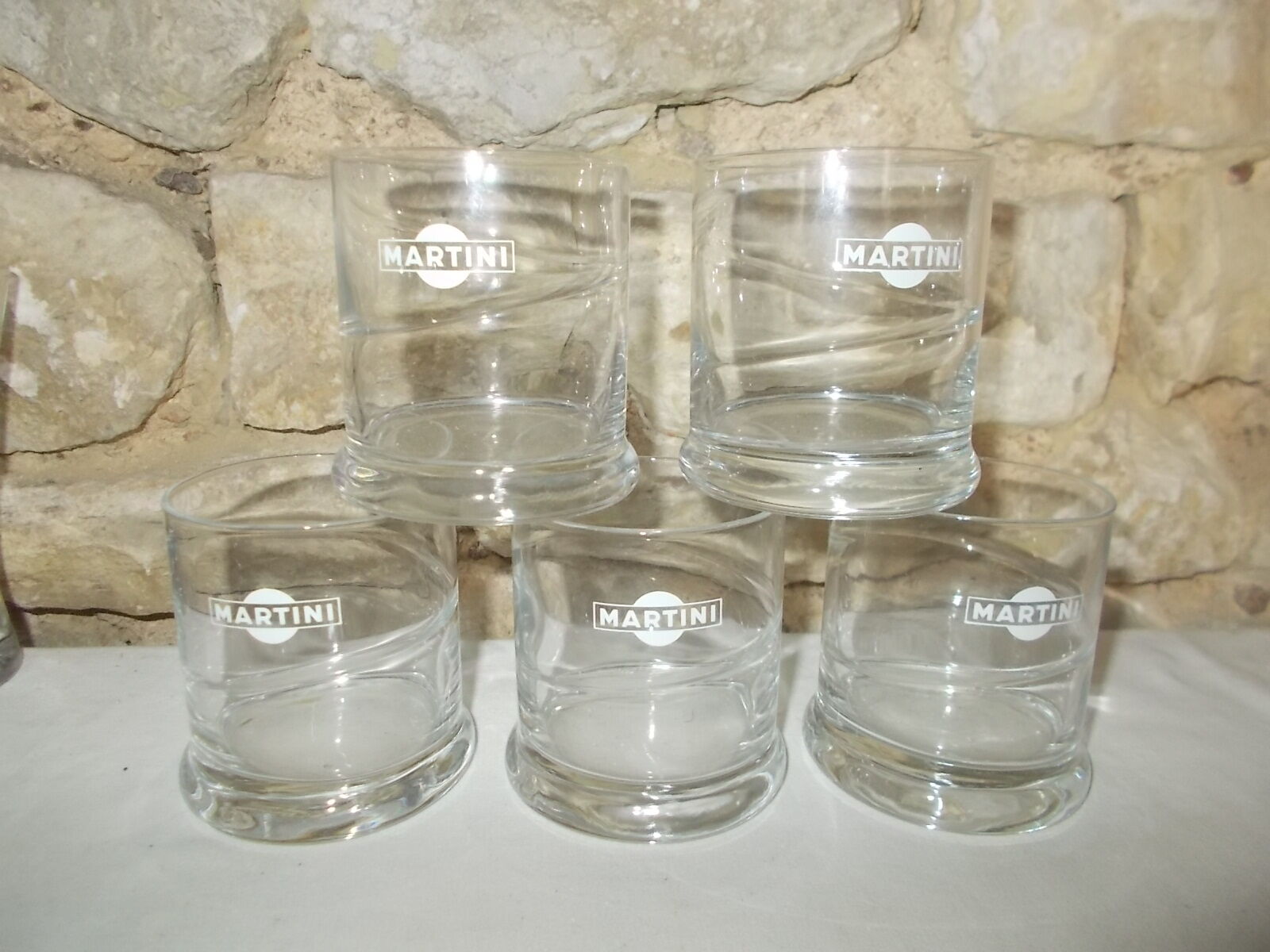 Lot of 5 bistro advertising martini glasses.