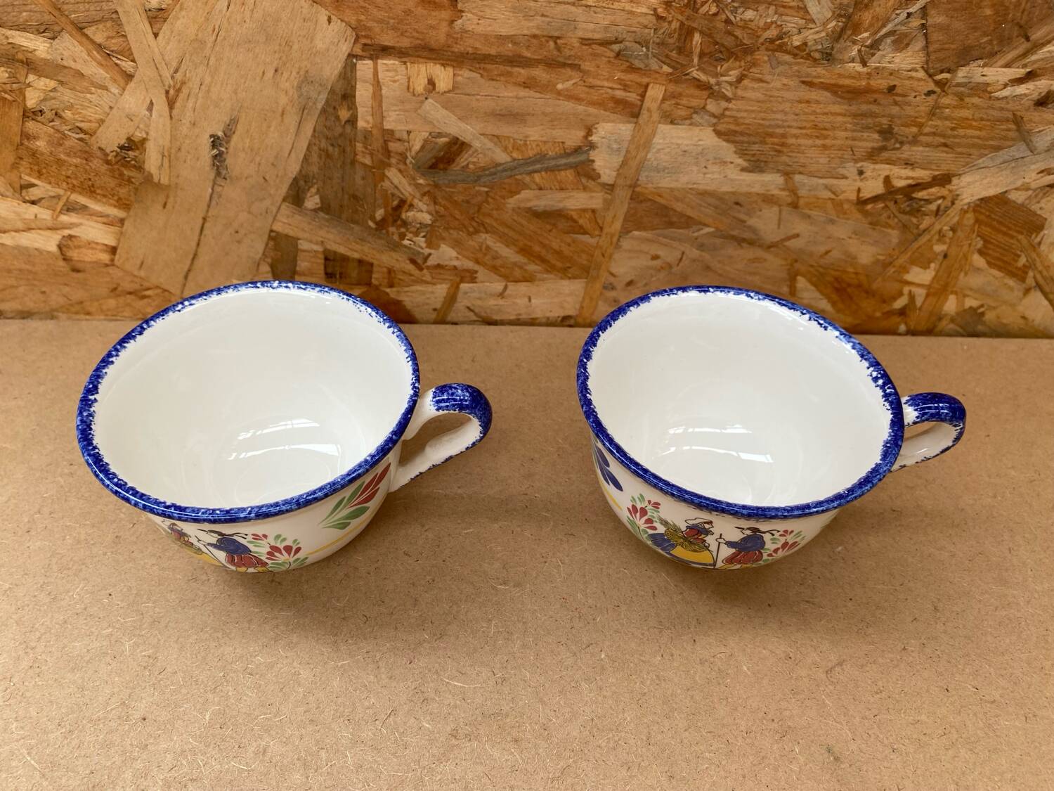 Paire ancienne tasse pornic céramique blanc bleu france vintage #b286