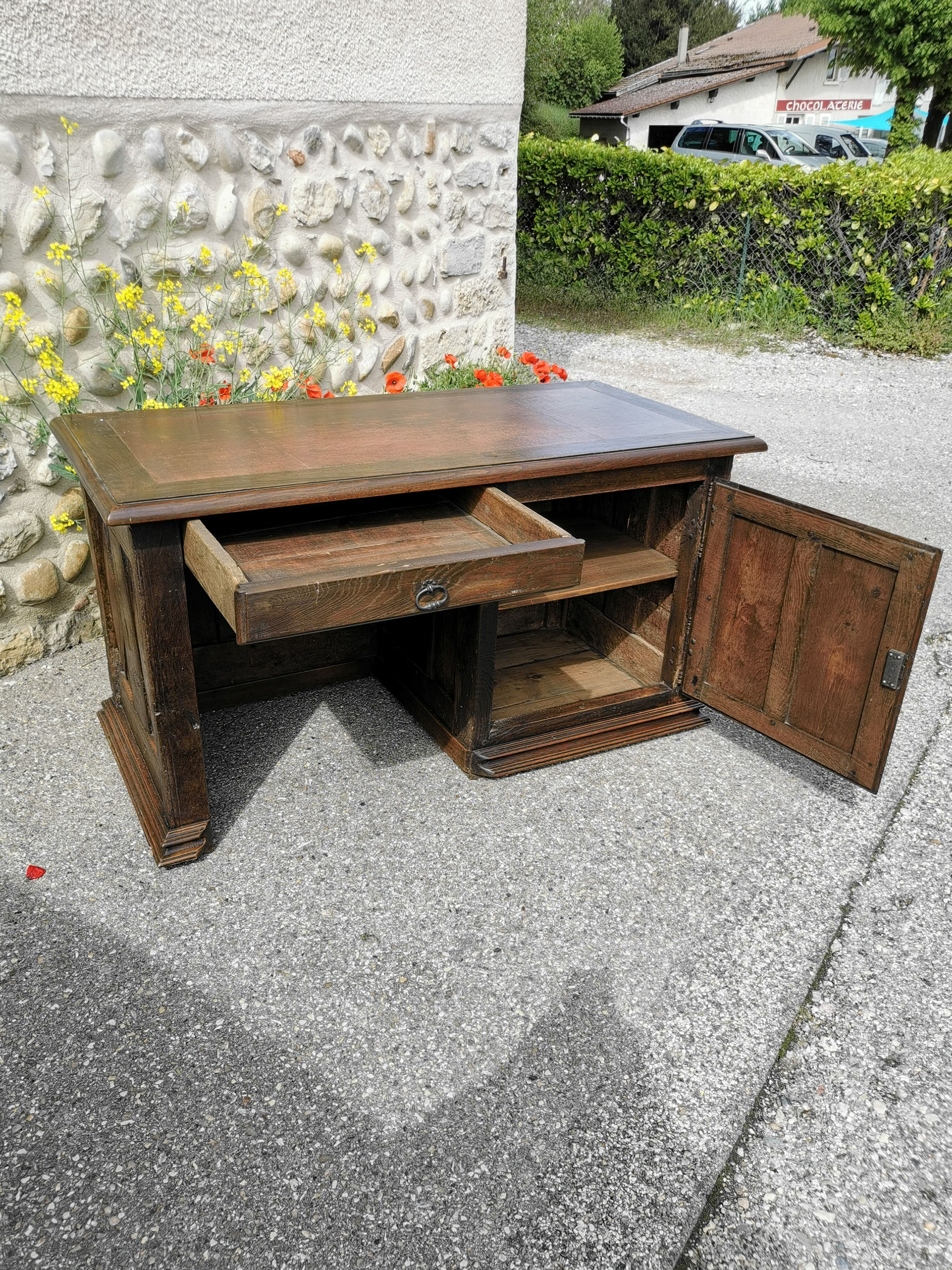 Bureau rustique en chêne massif dessus cuir Selency