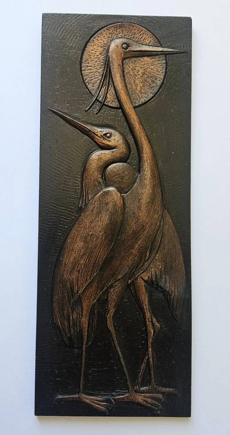 Rare Wall Wood Relief Sculpture of Herons, 1960s
