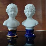 Pair of children's busts in blue lapis lazuli biscuit