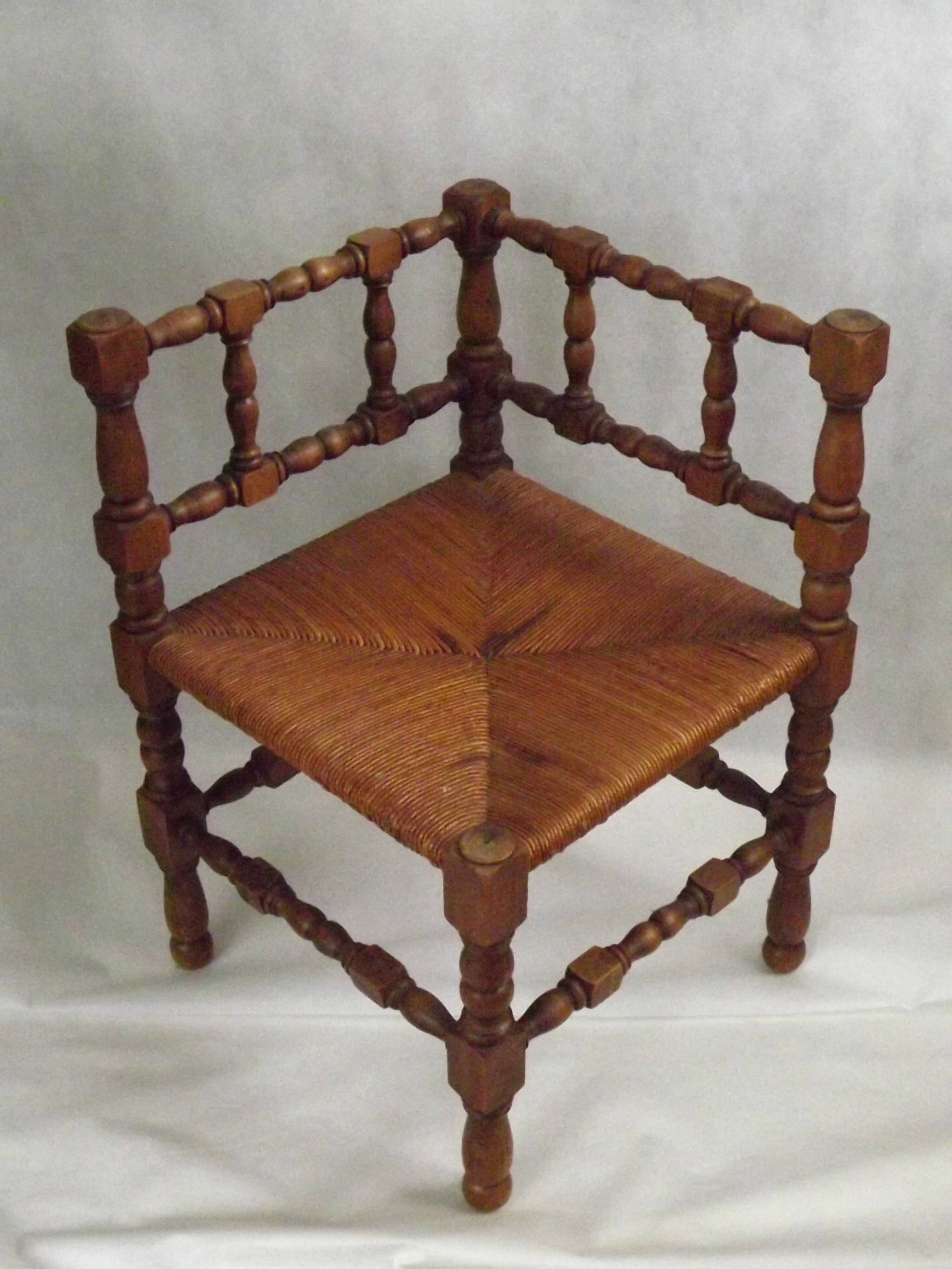 Antique French Turned Wooden Bobbin Chair with Rush Seat