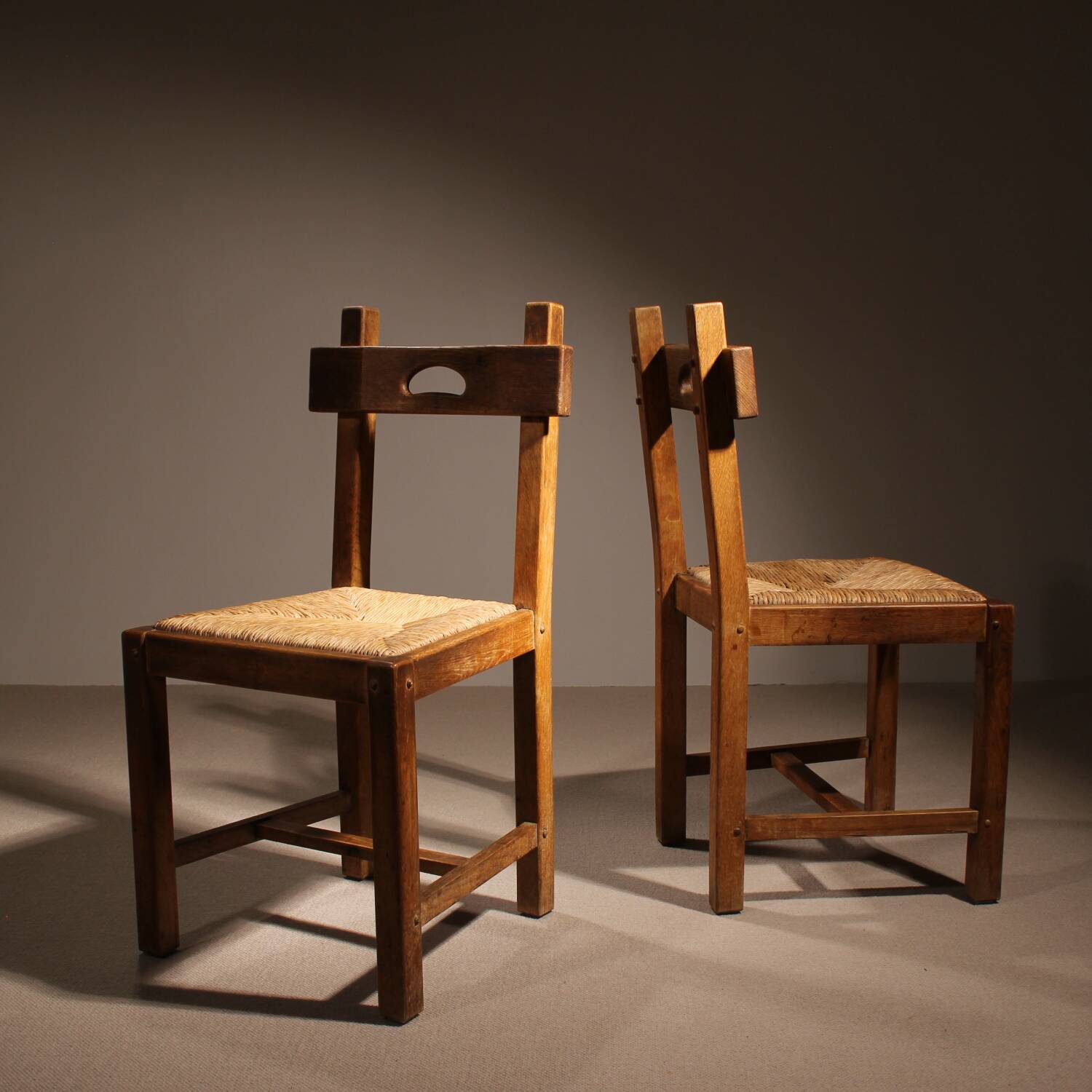 Brutalist Pair of Oak & Rush Chairs | Europe 1960s