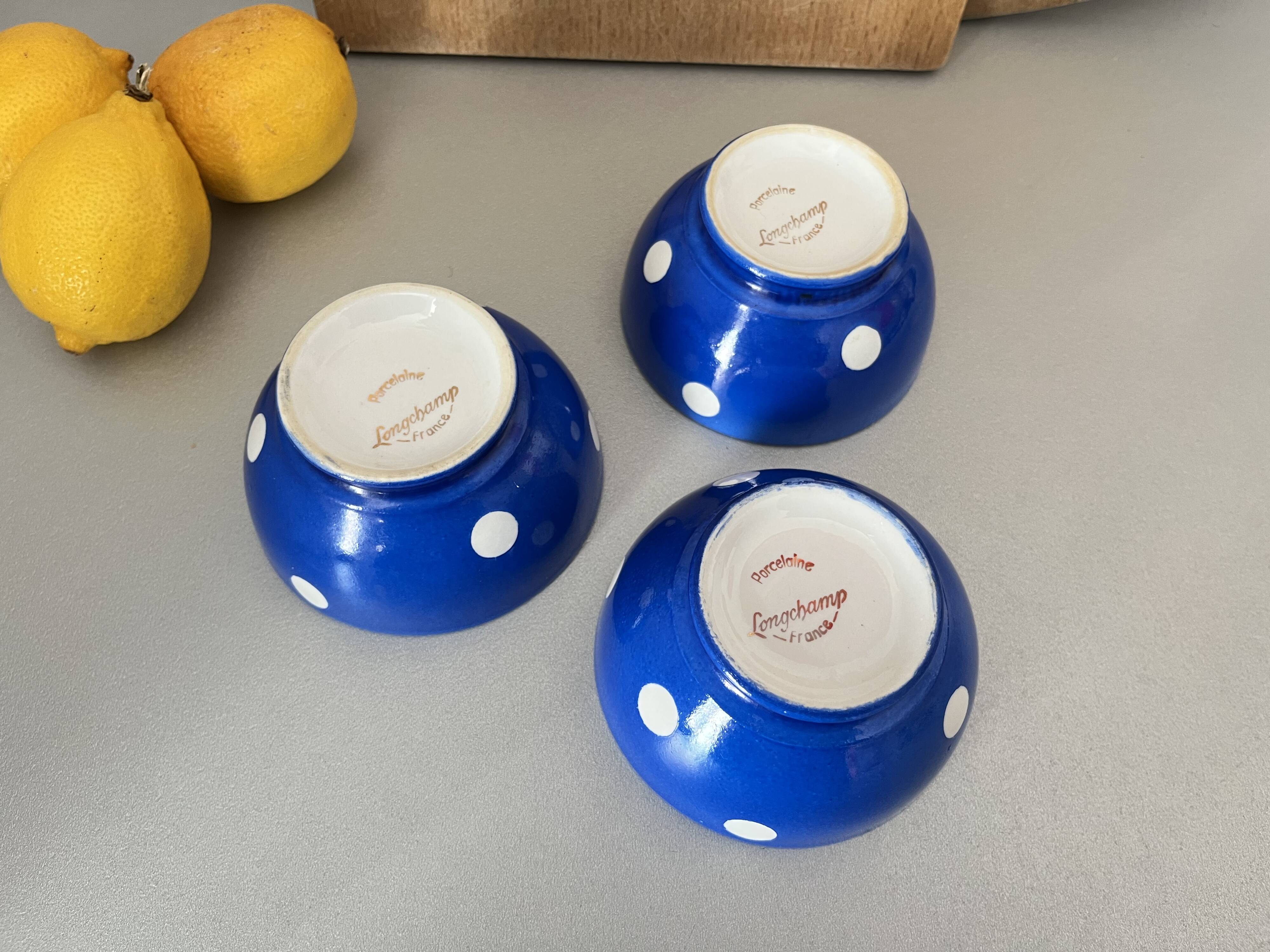 Old Longchamp porcelain bowls with blue dots