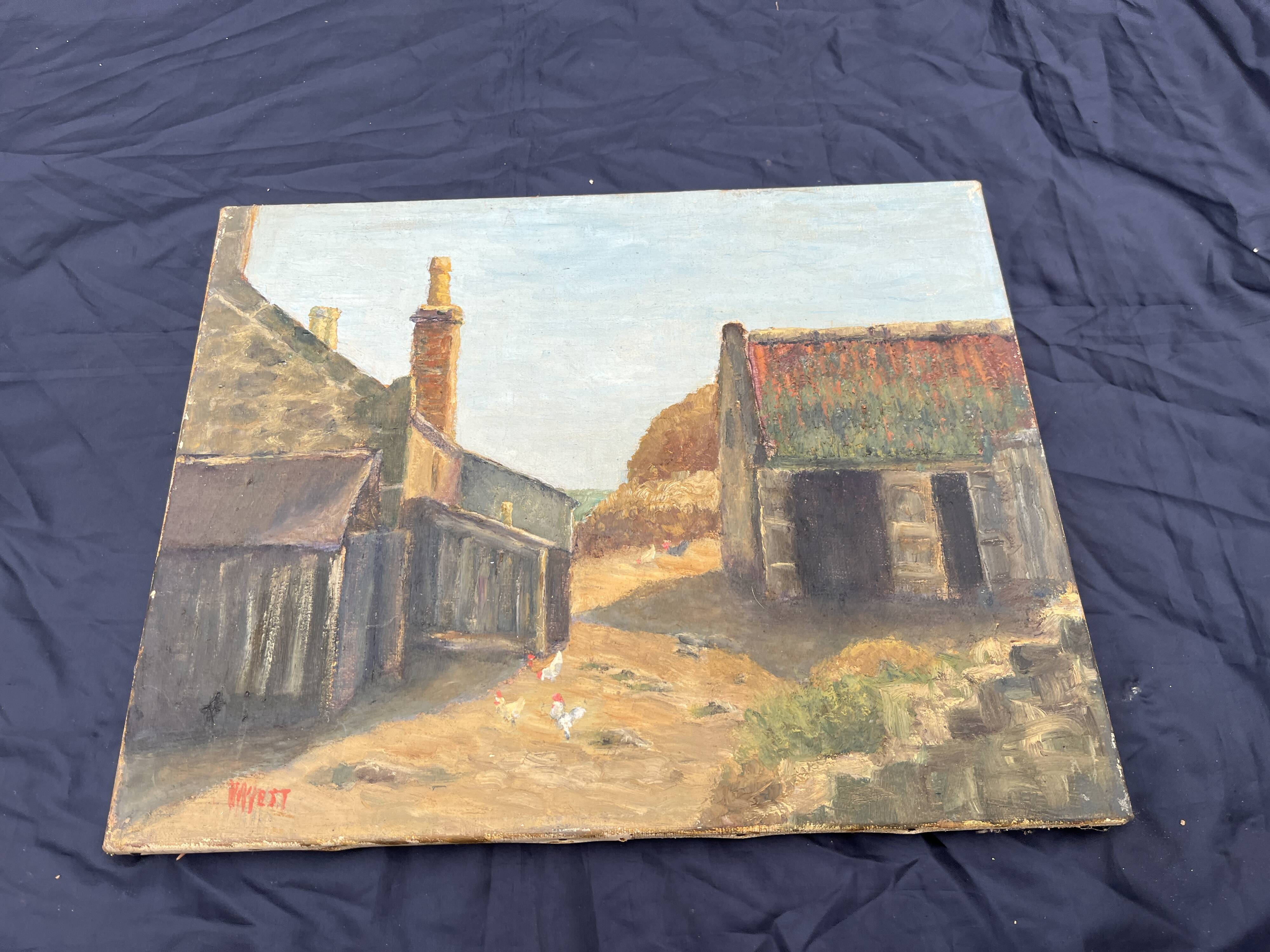 Painting on canvas signed “Wyett” – Village scene with chickens