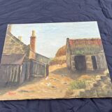 Painting on canvas signed “Wyett” – Village scene with chickens
