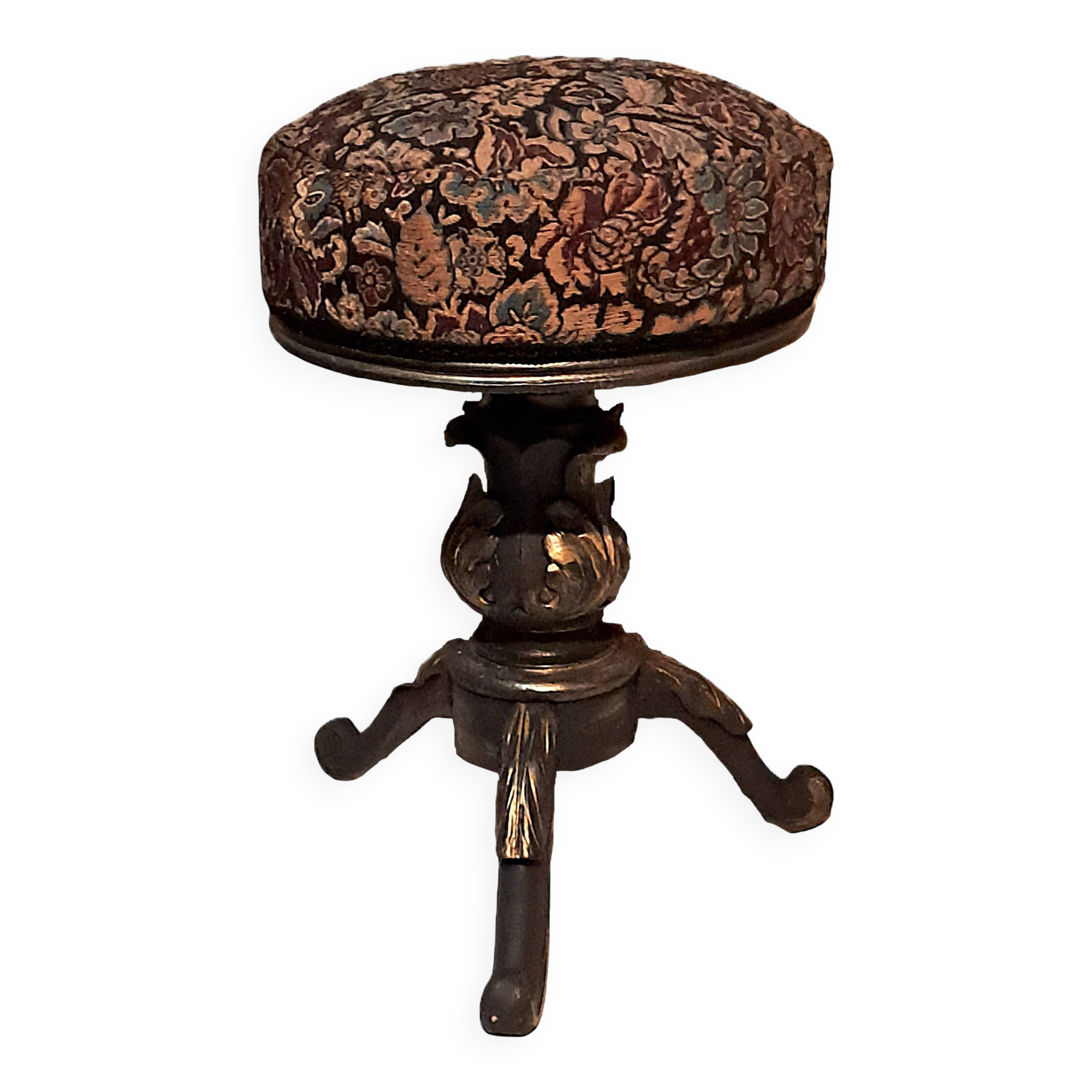 Victorian Piano Stool, Patinated Wood, Upholstered Fabric, 19th Century, France