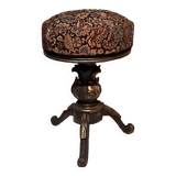 Victorian Piano Stool, Patinated Wood, Upholstered Fabric, 19th Century, France