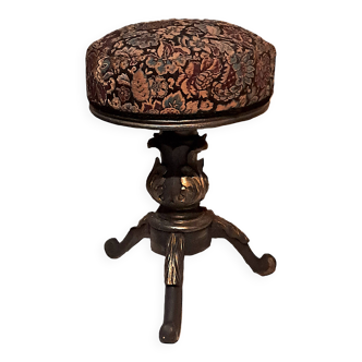 Victorian Piano Stool, Patinated Wood, Upholstered Fabric, 19th Century, France