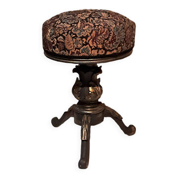 Tabouret Piano Victorien bois patiné Tissu Tapissier XIX France