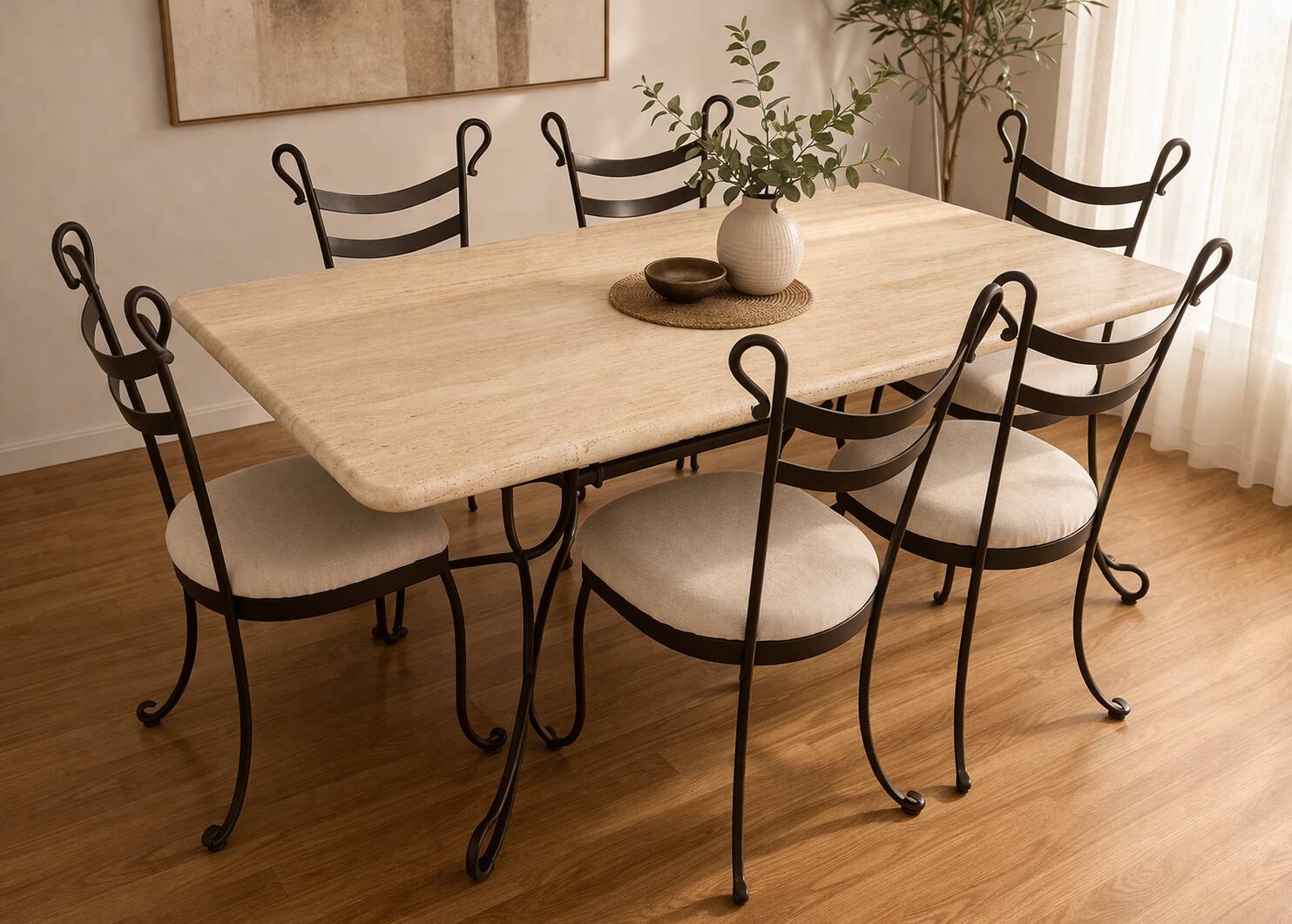 Travertine and wrought iron dining table + 8 chairs