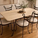 Travertine and wrought iron dining table + 8 chairs