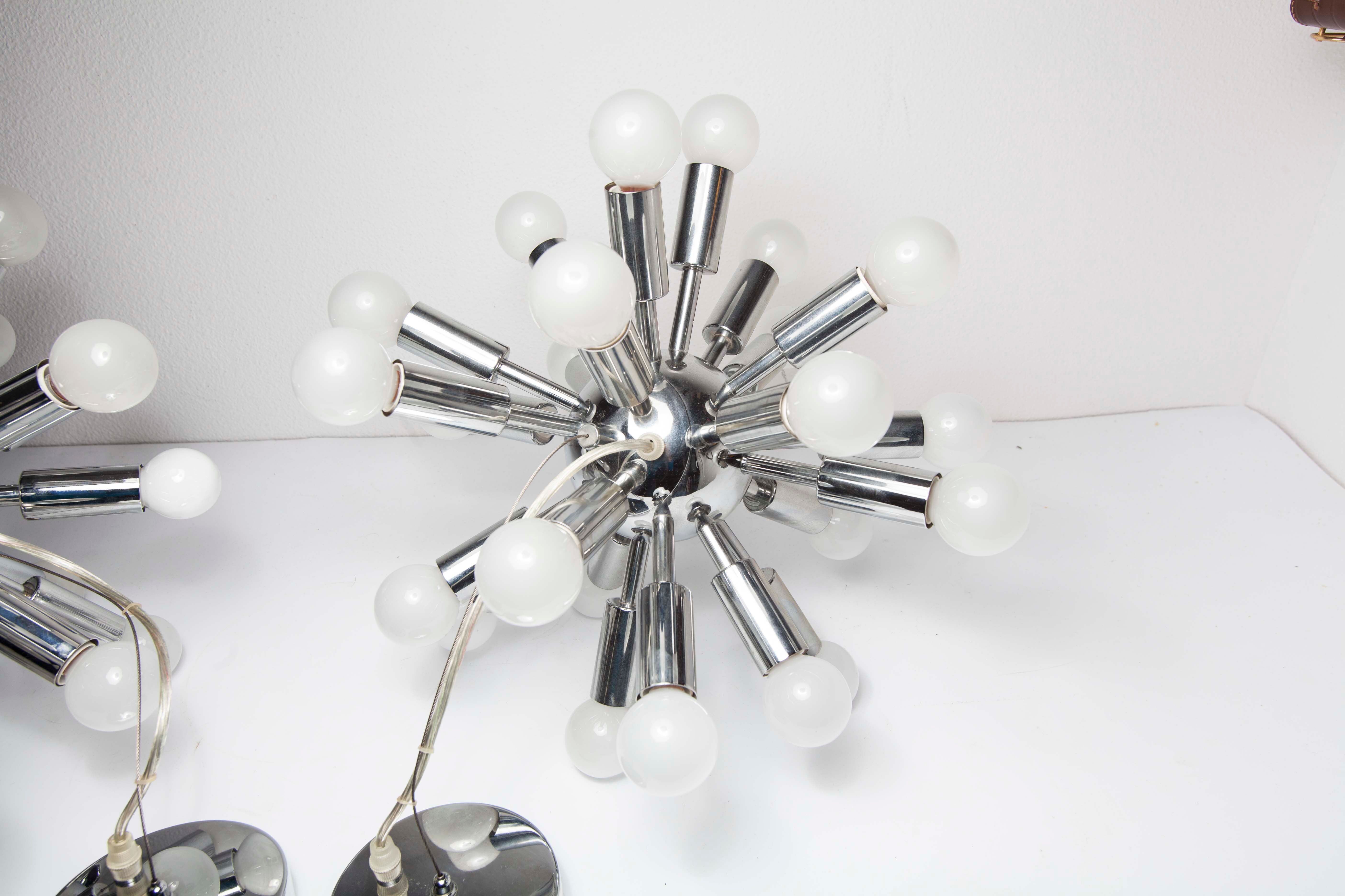 Pair of vintage chrome Sputnik chandeliers