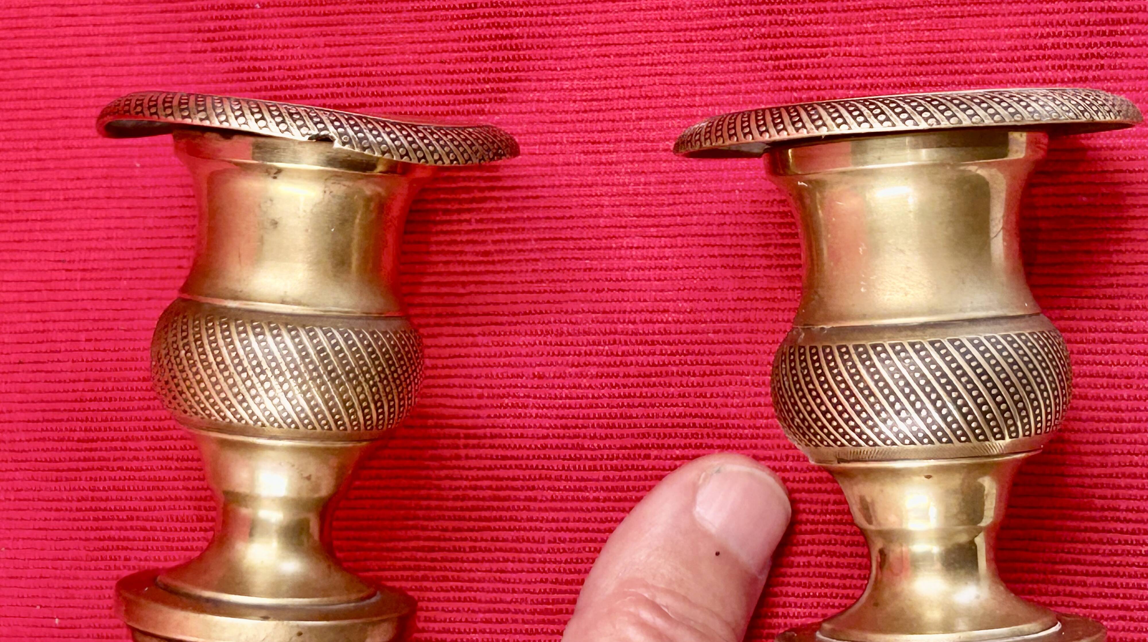 Pair of 19th-century restoration candlesticks in guilloché bronze - H 27 cm