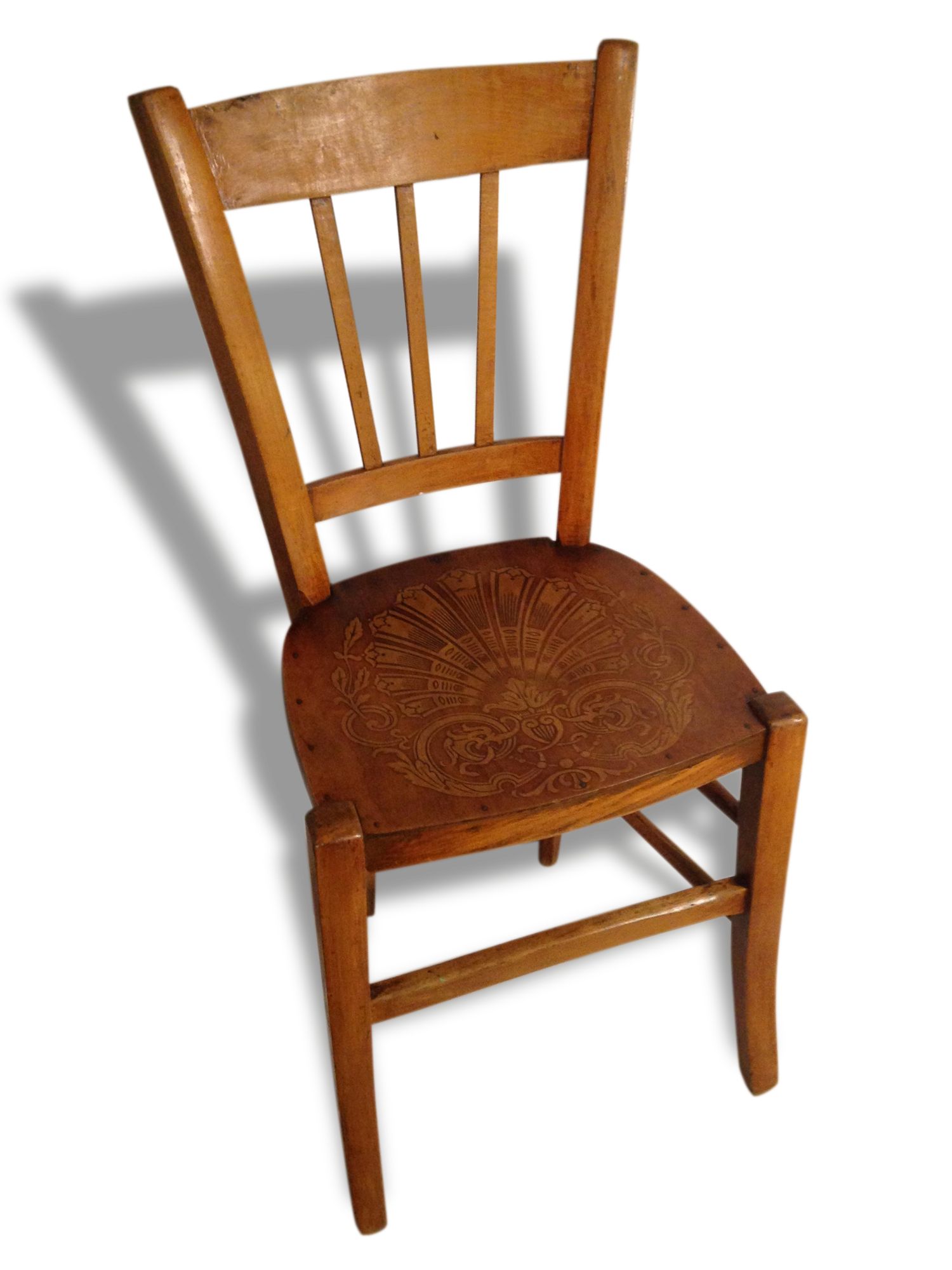 Chaise Ancienne Bistrot en Bois Brut Assise Dessin Sculpté Vintage