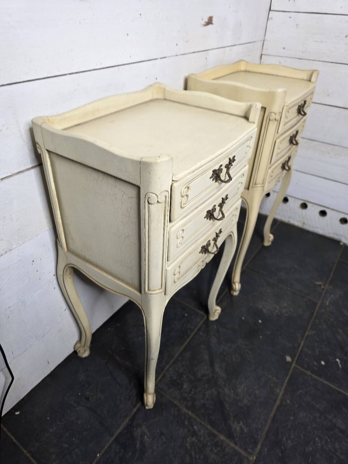 Pair of Louis XV style bedside tables with patina