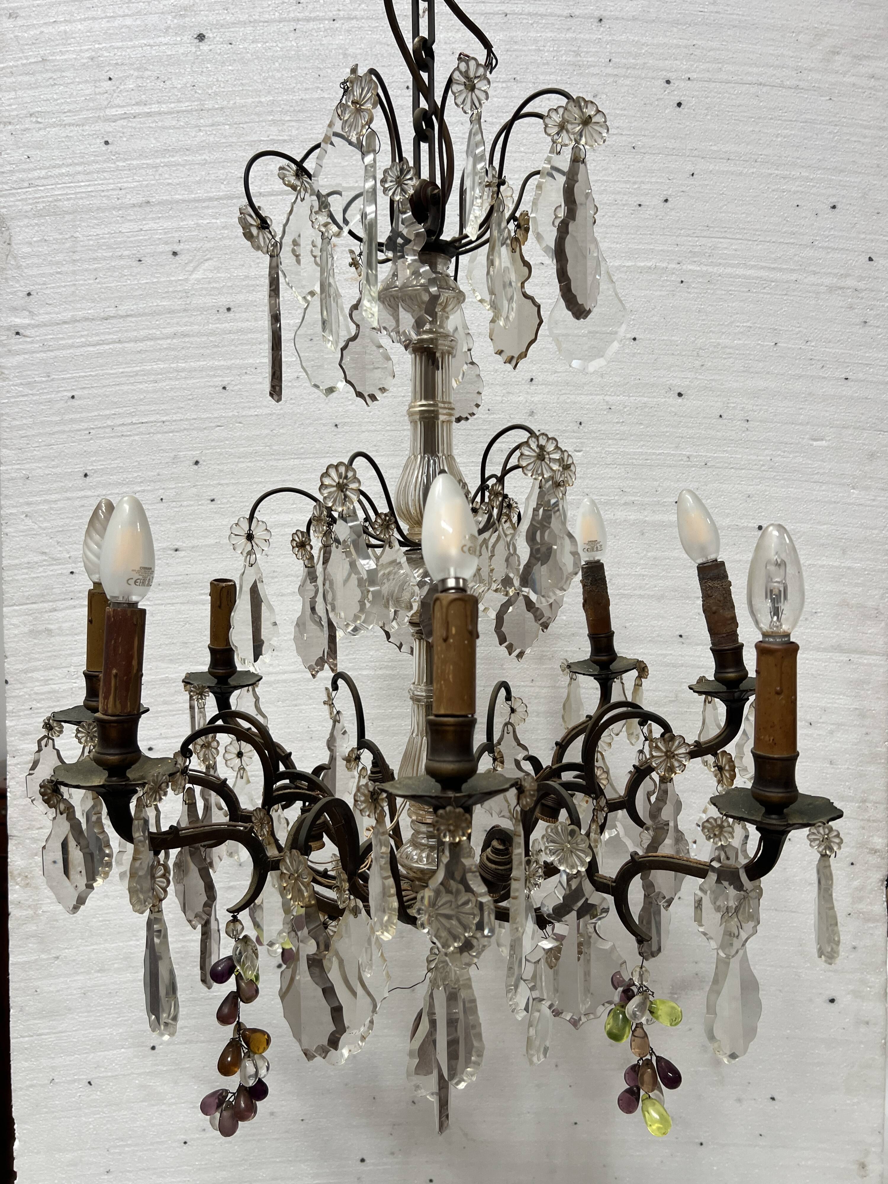 Louis XV style chandelier with pendants and colored glass fruits, 20th century