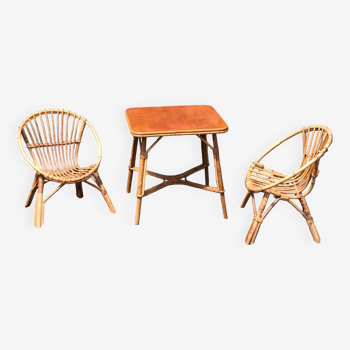 Lot de 2 fauteuils enfant rotin modele corbeille + table carree vintage 1960