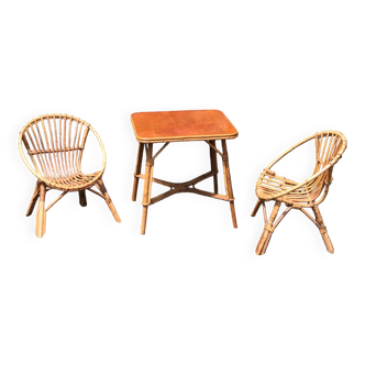 Set of 2 children's rattan basket model armchairs + vintage square table 1960
