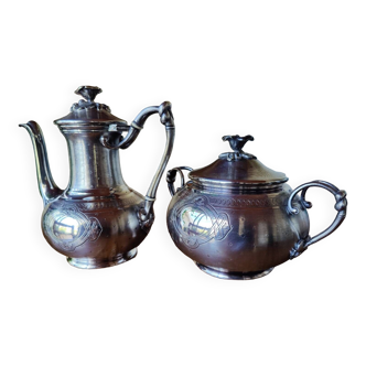 Old Tea Service Element Christofle Teapot and Sugar Bowl In Silver Metal Louis XV Style Medallion Decor 19th