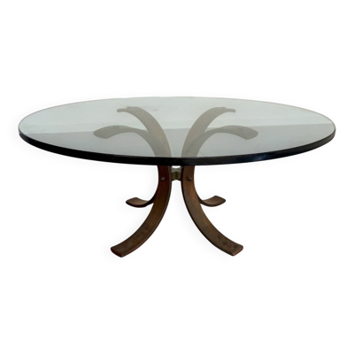 Table basse en verre épais pied métal design italien années 70 vintage