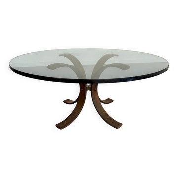 Table basse en verre épais pied métal design italien années 70 vintage