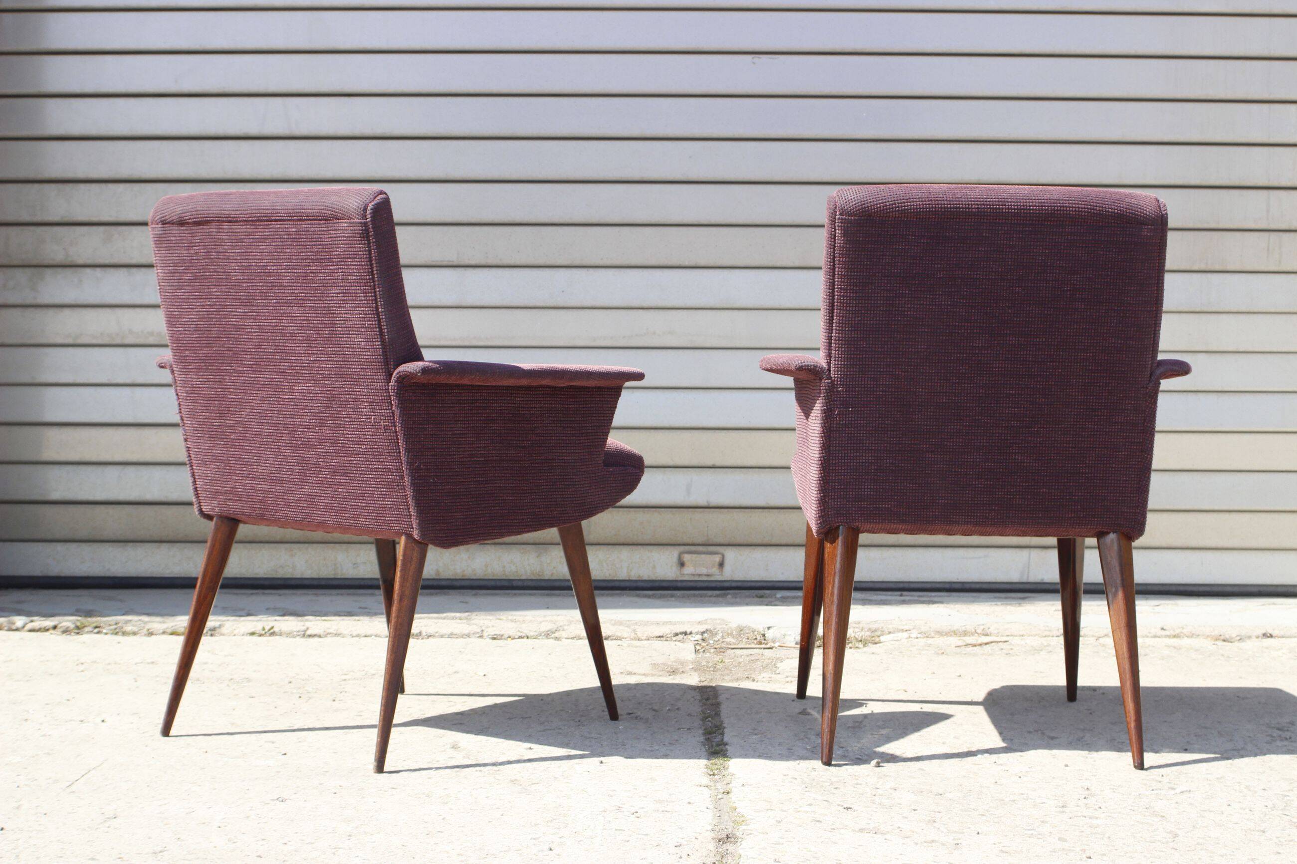 Pair of vintage purple velvet compass foot armchairs 1950s
